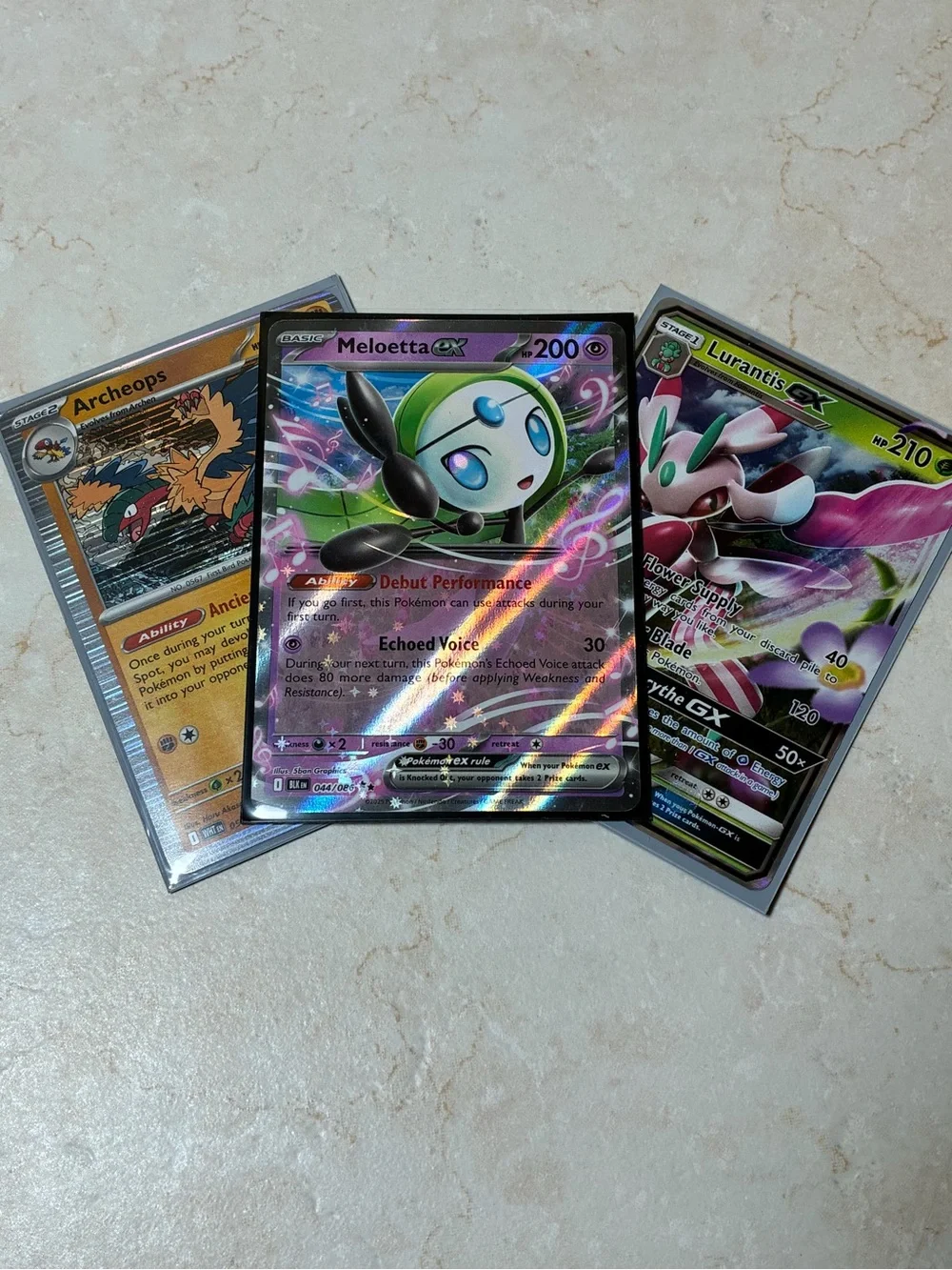 Lot of 3 Pokemon TCG Cards: Archeops, Meloetta-EX, Lurantis-GX